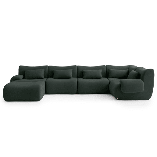 Sofá de canto modular de 5 lugares com chaise longue, tecido bouclé na cor verde floresta