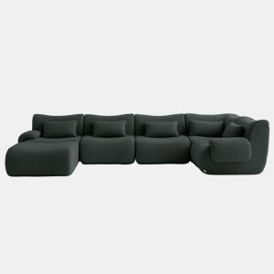 Sofá de canto modular de 5 lugares com chaise longue, tecido bouclé na cor verde floresta