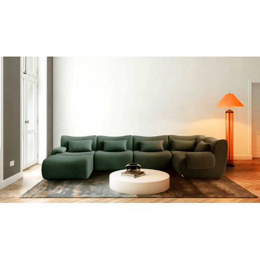Sofá de canto modular de 5 lugares com chaise longue, tecido bouclé na cor verde floresta