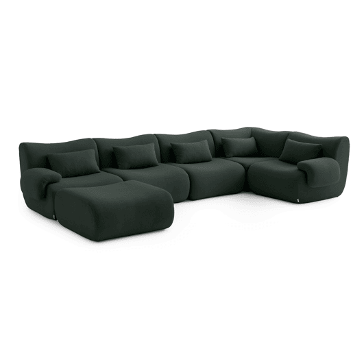 Sofá de canto modular de 5 lugares com chaise longue, tecido bouclé na cor verde floresta
