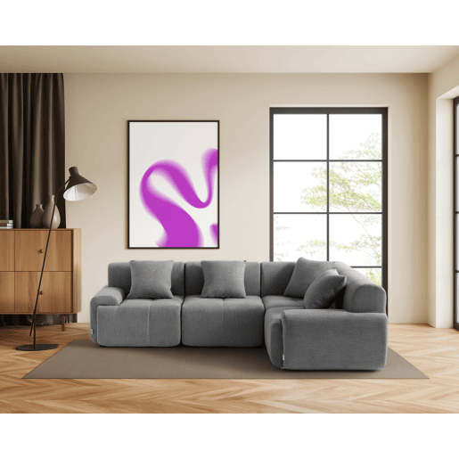 Sofá de canto modular de 4 lugares, tecido chenille na cor cinza mineral