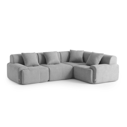 Sofá de canto modular de 4 lugares, tecido chenille na cor cinza mineral