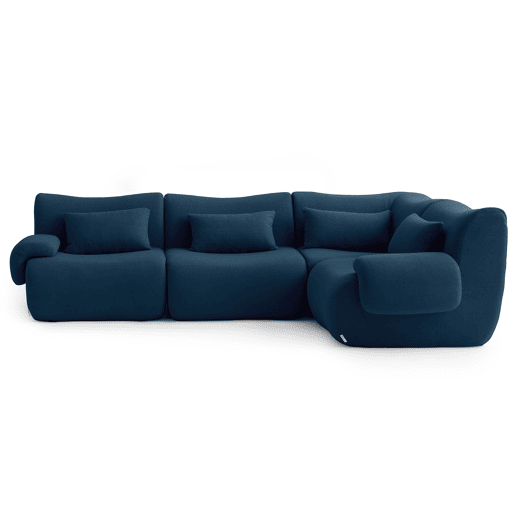 Sofá de canto modular de 4 lugares, tecido bouclé na cor azul profundo