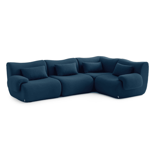 Sofá de canto modular de 4 lugares, tecido bouclé na cor azul profundo