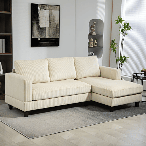 HOMCOM Sofá Chaise Longue Sofá de 3 Lugares em L Estofado em Veludo Assento e Encosto Almofadados para Sala de Estar Escritório 214x134x87 cm Bege