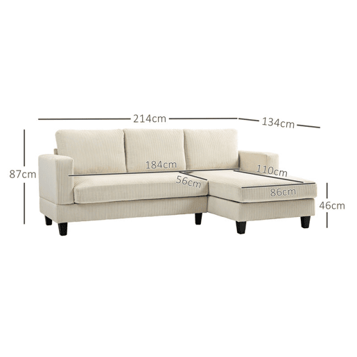 HOMCOM Sofá Chaise Longue Sofá de 3 Lugares em L Estofado em Veludo Assento e Encosto Almofadados para Sala de Estar Escritório 214x134x87 cm Bege