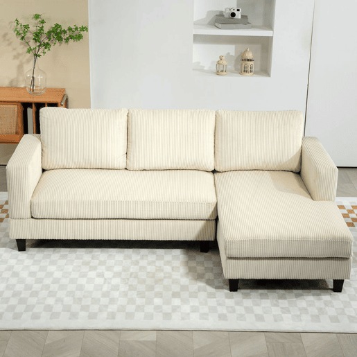 HOMCOM Sofá Chaise Longue Sofá de 3 Lugares em L Estofado em Veludo Assento e Encosto Almofadados para Sala de Estar Escritório 214x134x87 cm Bege