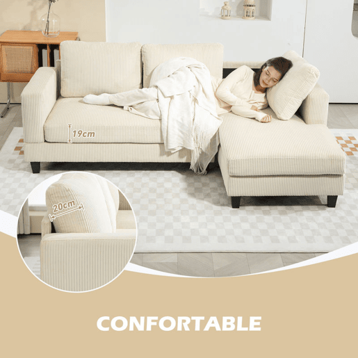 HOMCOM Sofá Chaise Longue Sofá de 3 Lugares em L Estofado em Veludo Assento e Encosto Almofadados para Sala de Estar Escritório 214x134x87 cm Bege