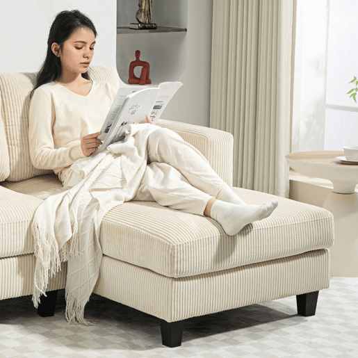 HOMCOM Sofá Chaise Longue Sofá de 3 Lugares em L Estofado em Veludo Assento e Encosto Almofadados para Sala de Estar Escritório 214x134x87 cm Bege
