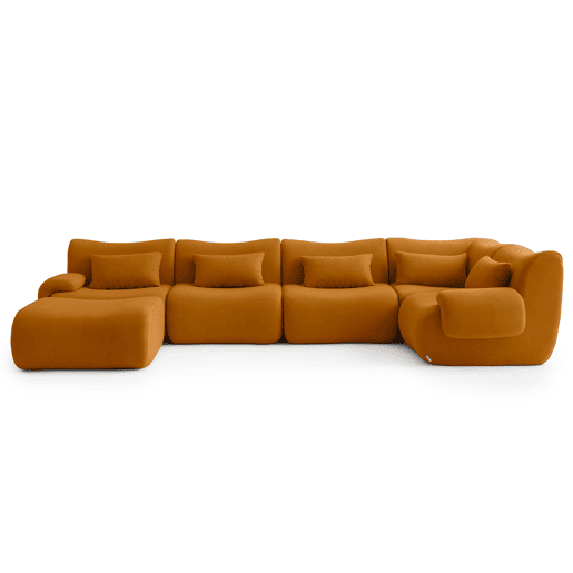 Sofá de canto modular de 5 lugares com chaise longue, tecido bouclé na cor marrom canela