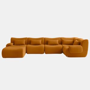 Sofá de canto modular de 5 lugares com chaise longue, tecido bouclé na cor marrom canela