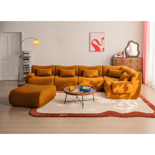Sofá de canto modular de 5 lugares com chaise longue, tecido bouclé na cor marrom canela