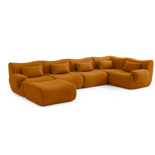 Sofá de canto modular de 5 lugares com chaise longue, tecido bouclé na cor marrom canela