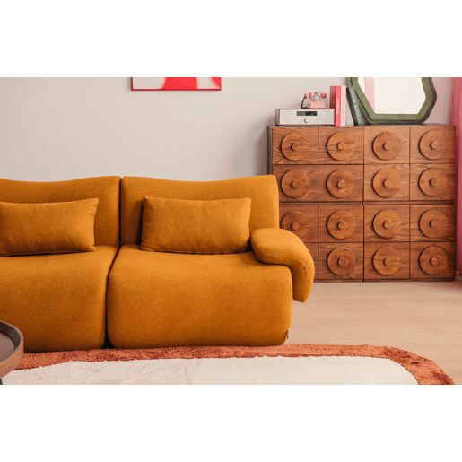 Sofá de canto modular de 5 lugares com chaise longue, tecido bouclé na cor marrom canela
