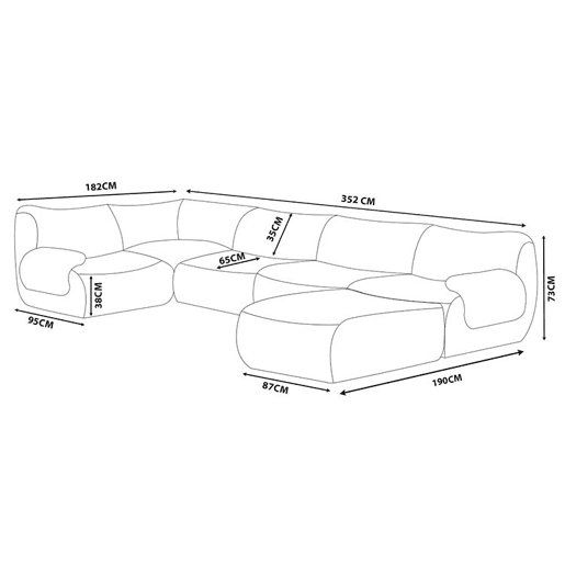 Sofá de canto modular de 5 lugares com chaise longue, tecido bouclé na cor marrom canela