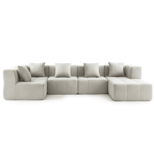 Sofá de canto modular de 5 lugares com chaise longue, tecido bouclé na cor bege creme