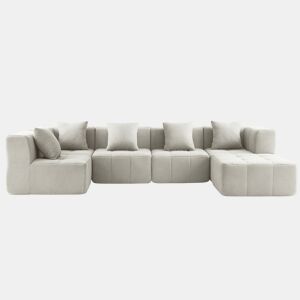 Sofá de canto modular de 5 lugares com chaise longue, tecido bouclé na cor bege creme