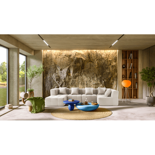 Sofá de canto modular de 5 lugares com chaise longue, tecido bouclé na cor bege creme