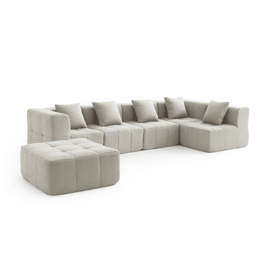 Sofá de canto modular de 5 lugares com chaise longue, tecido bouclé na cor bege creme