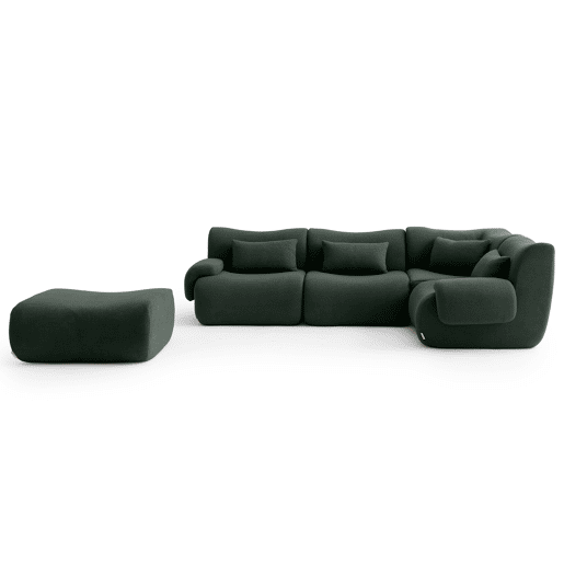 Sofá de canto modular de 4 lugares com chaise longue, tecido bouclé na cor verde floresta