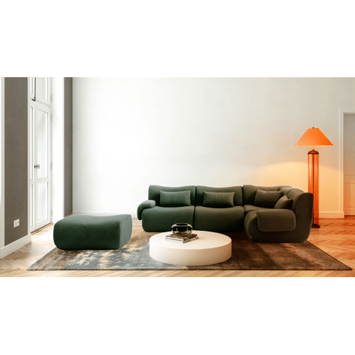 Sofá de canto modular de 4 lugares com chaise longue, tecido bouclé na cor verde floresta