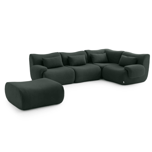 Sofá de canto modular de 4 lugares com chaise longue, tecido bouclé na cor verde floresta