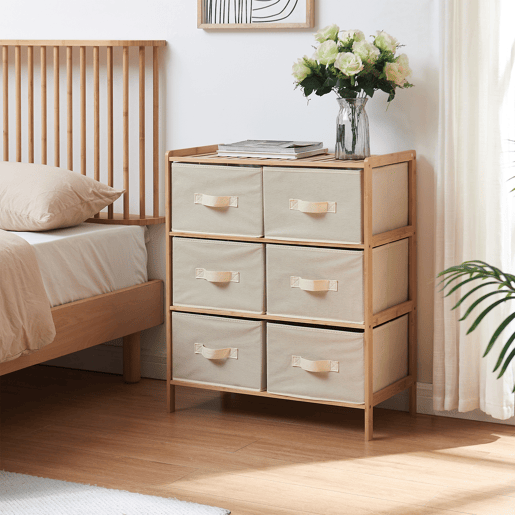 Cómoda Maldon 6 gavetas em tecido bambu 79x66x35cm naturalbege en.casa
