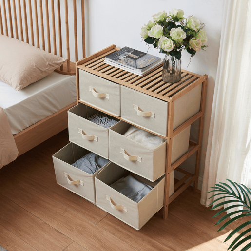 Cómoda Maldon 6 gavetas em tecido bambu 79x66x35cm naturalbege en.casa