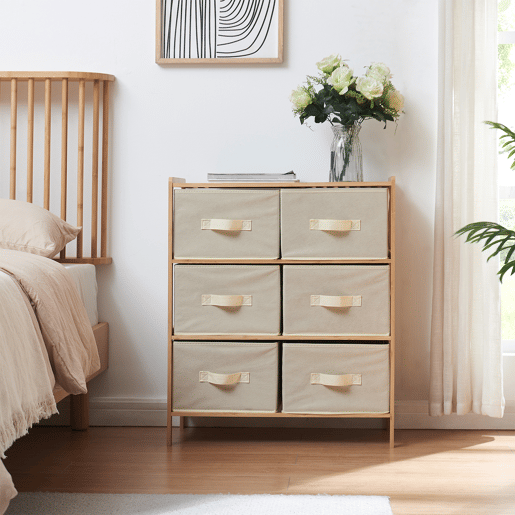 Cómoda Maldon 6 gavetas em tecido bambu 79x66x35cm naturalbege en.casa