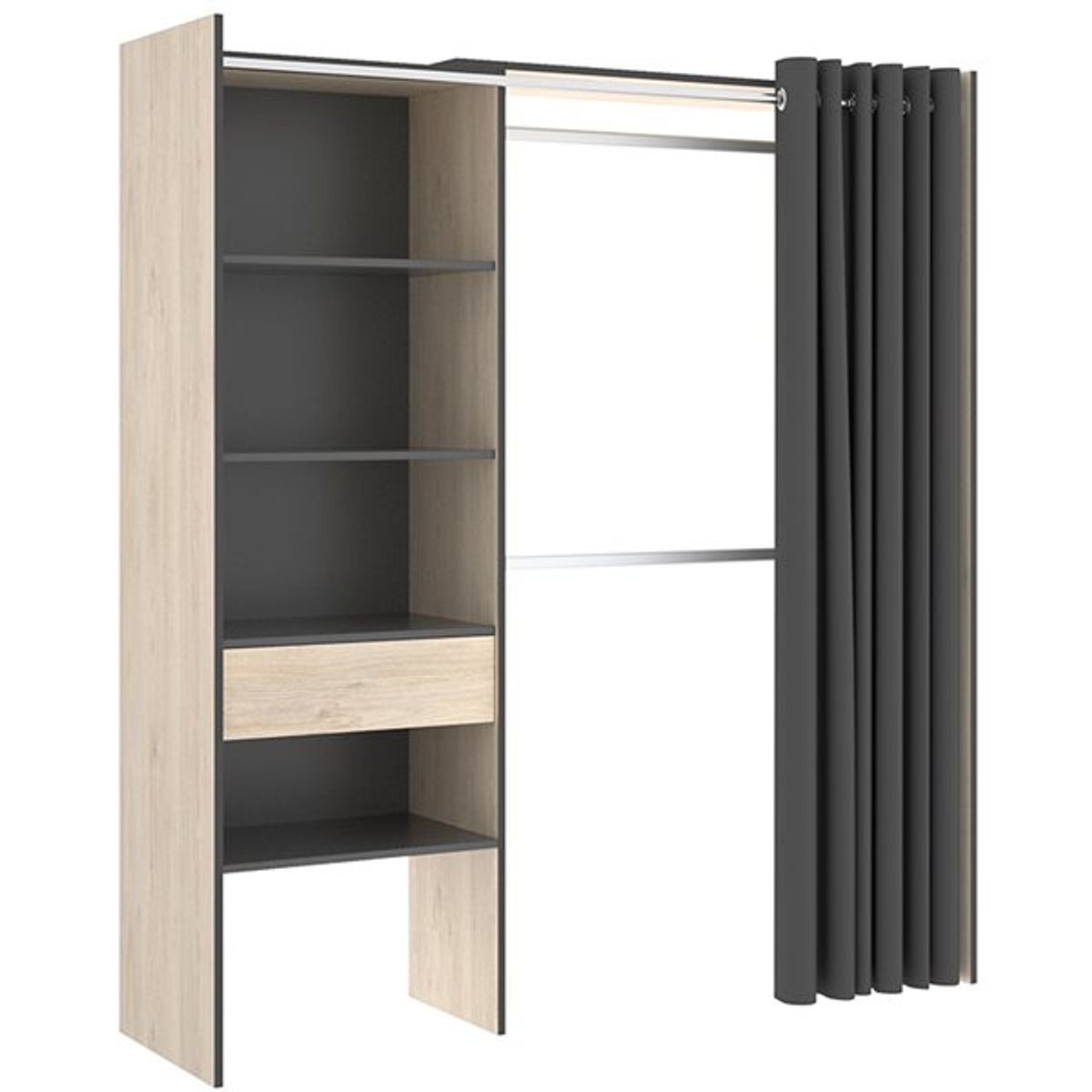 Armario vestidor suit 4 estantes con 2 barras, cortina y cajón grafito/natural 205x160x50 cm