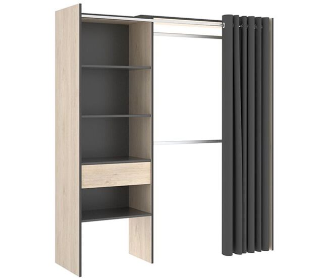 Armario vestidor suit 4 estantes con 2 barras, cortina y cajón grafito/natural 205x160x50 cm