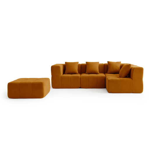 Sofá de canto modular de 4 lugares com chaise longue, tecido bouclé na cor marrom canela