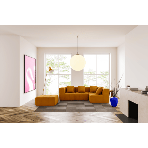 Sofá de canto modular de 4 lugares com chaise longue, tecido bouclé na cor marrom canela