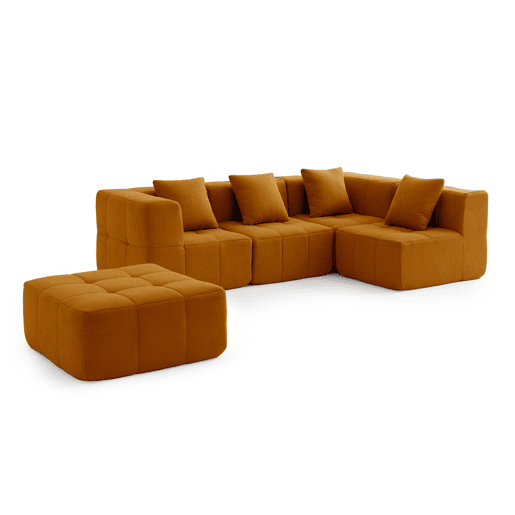 Sofá de canto modular de 4 lugares com chaise longue, tecido bouclé na cor marrom canela