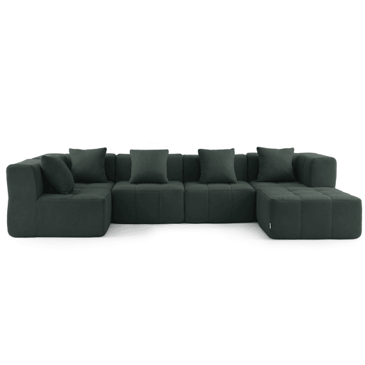 Sofá de canto modular de 5 lugares com chaise longue, tecido bouclé na cor verde floresta