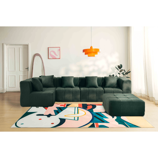 Sofá de canto modular de 5 lugares com chaise longue, tecido bouclé na cor verde floresta