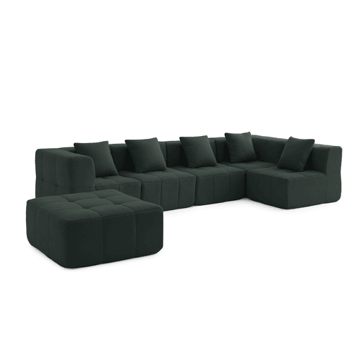 Sofá de canto modular de 5 lugares com chaise longue, tecido bouclé na cor verde floresta