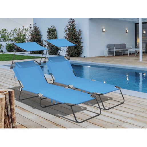 Conjunto de 2 espreguiçadeiras dobráveis Lazy - Com guarda-sol - Azul