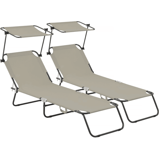 Conjunto de 2 espreguiçadeiras dobráveis Lazy - Com guarda-sol - Taupe