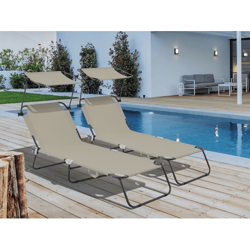 Conjunto de 2 espreguiçadeiras dobráveis Lazy - Com guarda-sol - Taupe