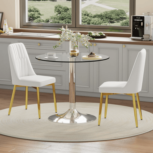 Conjunto de mesa de jantar 85 cm - vidro temperado com 2 cadeiras em PU - branco dourado prateado
