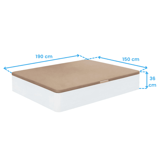 Sofá-cama Reo White de 150x190 cm com abertura lateral, base estofada em melamina, altura interna de 30 cm, altura total de 36 cm, 2 suportes de canto.