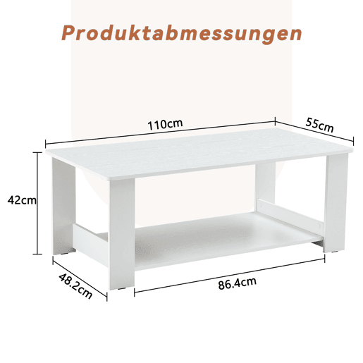 Mesa auxiliar moderna 110x55x42 cm - 2 níveis de armazenamento - Branco madeira