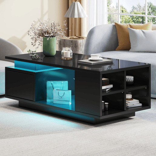 Mesa de centro 100x50x36cm - LED, alto brilho, gaveta e prateleiras laterais - Preto Mesa de centro 100x50x36cm - LED, alto brilho, gaveta e prateleiras laterais - Preto