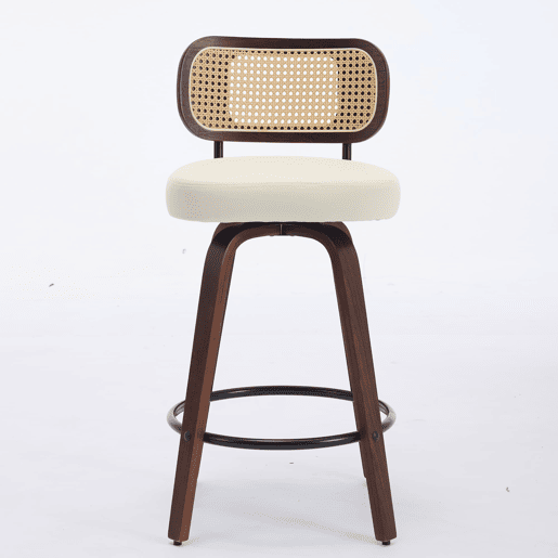 Bancos de bar 3 unidades 66 cm - Rattan, encosto em cana, assento estofado, giratórios - Bege