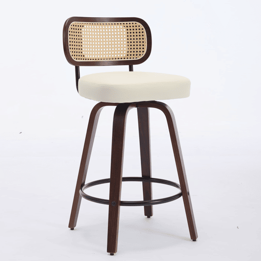 Bancos de bar 3 unidades 66 cm - Rattan, encosto em cana, assento estofado, giratórios - Bege