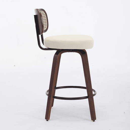 Bancos de bar 3 unidades 66 cm - Rattan, encosto em cana, assento estofado, giratórios - Bege