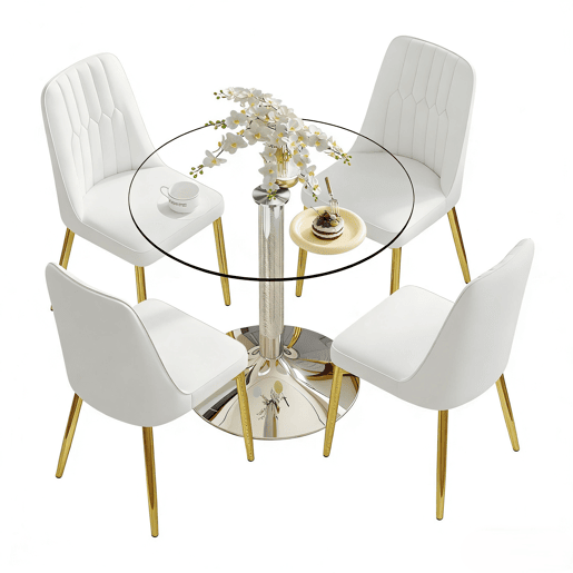 Conjunto de mesa de jantar 85 cm - vidro e 4 cadeiras modernas em PU - branco, dourado e prateado