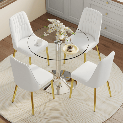 Conjunto de mesa de jantar 85 cm - vidro e 4 cadeiras modernas em PU - branco, dourado e prateado
