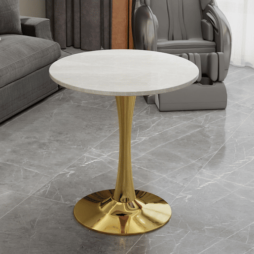 Mesa de centro 70 cm - estilo mid-century, tampo redondo em mármore - dourado e branco
